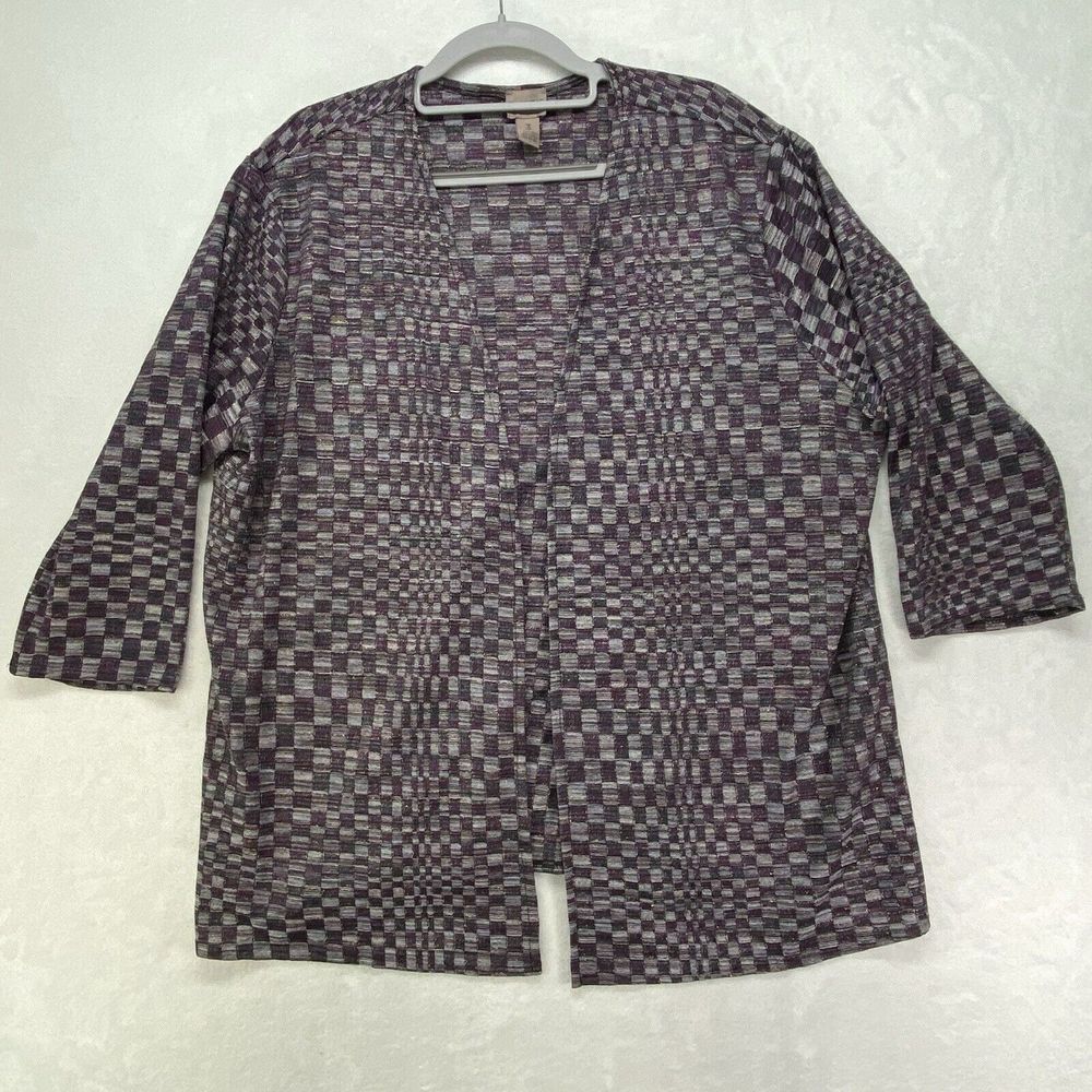 Easywear by Chico's Womens Open Front Cardigan Size 3 (XL) Purple Metallic Check